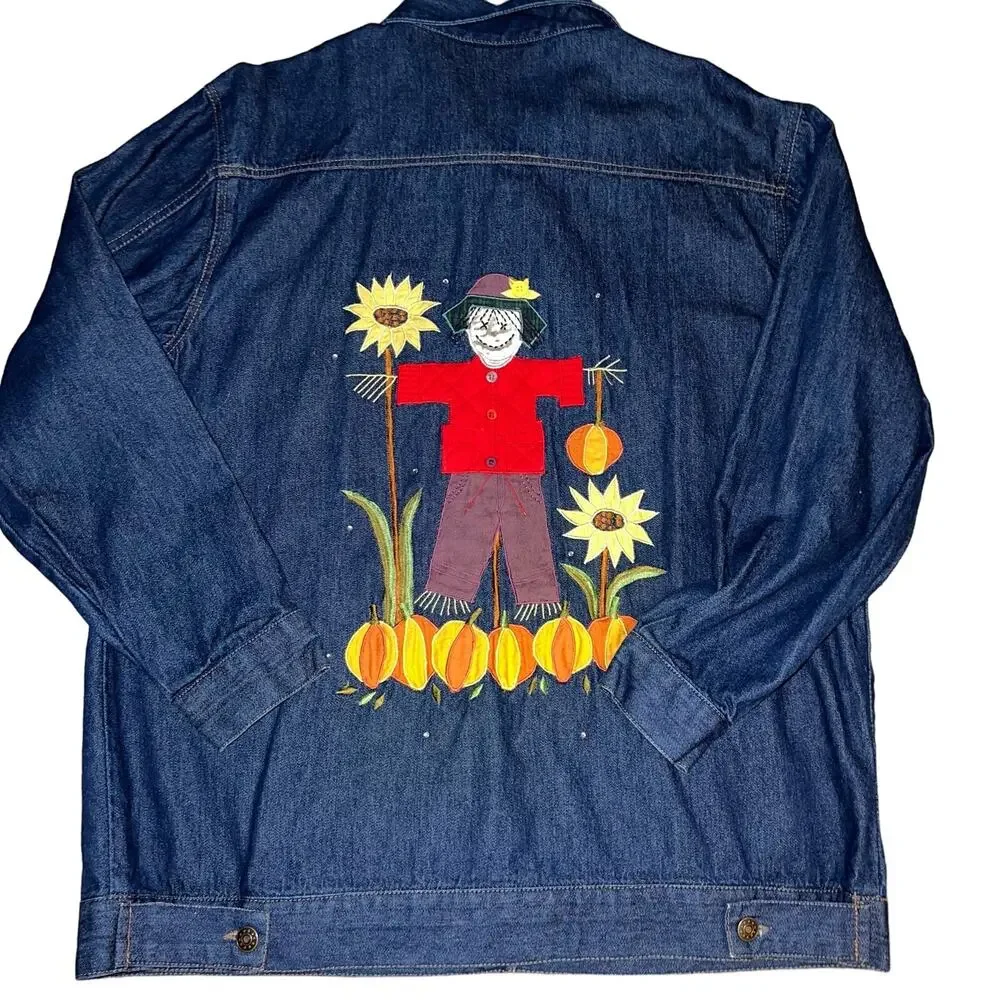 Quacker Factory Fall Harvest Joy scarecrow embroidered denim jacket size large